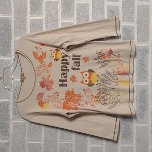Blue Canyon Women's 100% Cotton Happy Fall Owl 3/4 Sleeve Tan Blouse Size XL